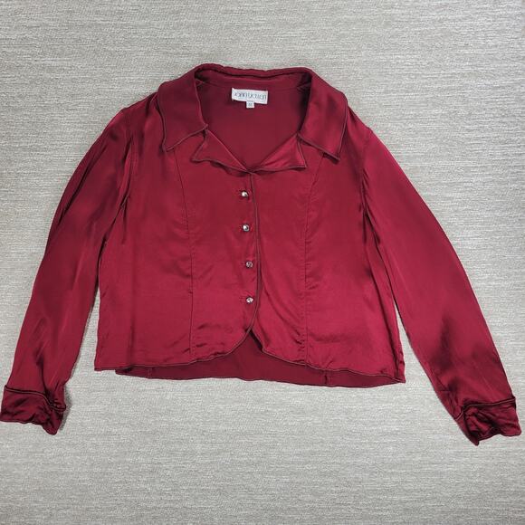 Vintage Joan Yellen Rhinestone Button Satin Blouse Womens Medium Red Silky Top - Picture 1 of 10